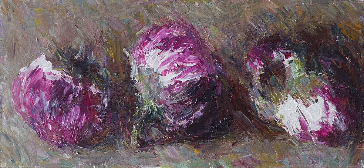 Daniel Enkaoua, Les trois aubergines violettes
2020, Oil on canvas mounted on wood