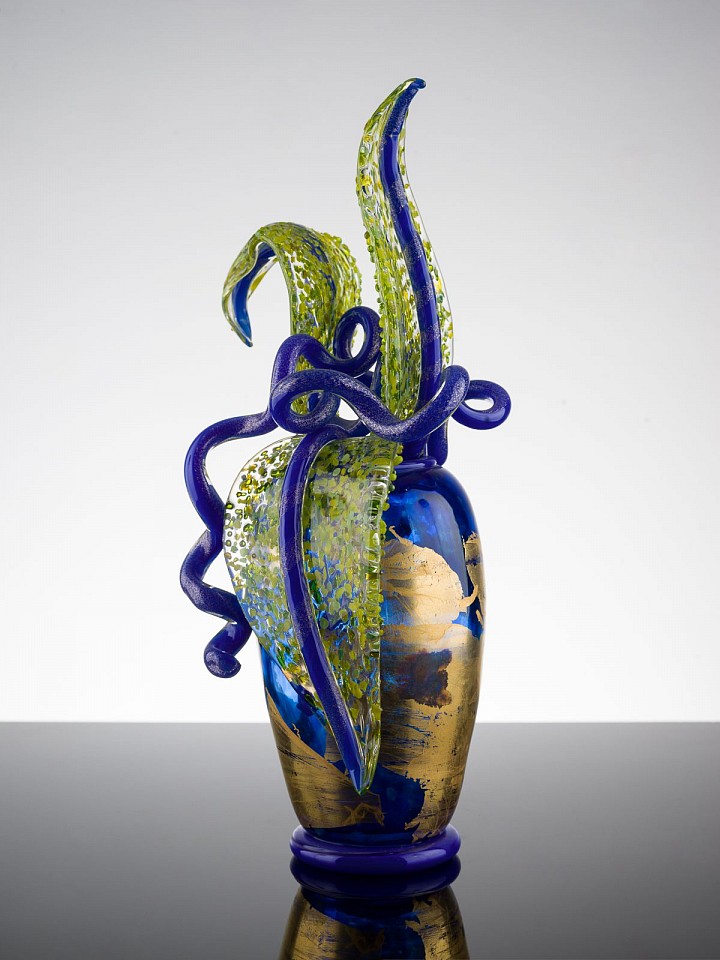 Dale Chihuly, Gold Over Blue Piccolo Venetian with Spotted Green Leaves
1995, Glass